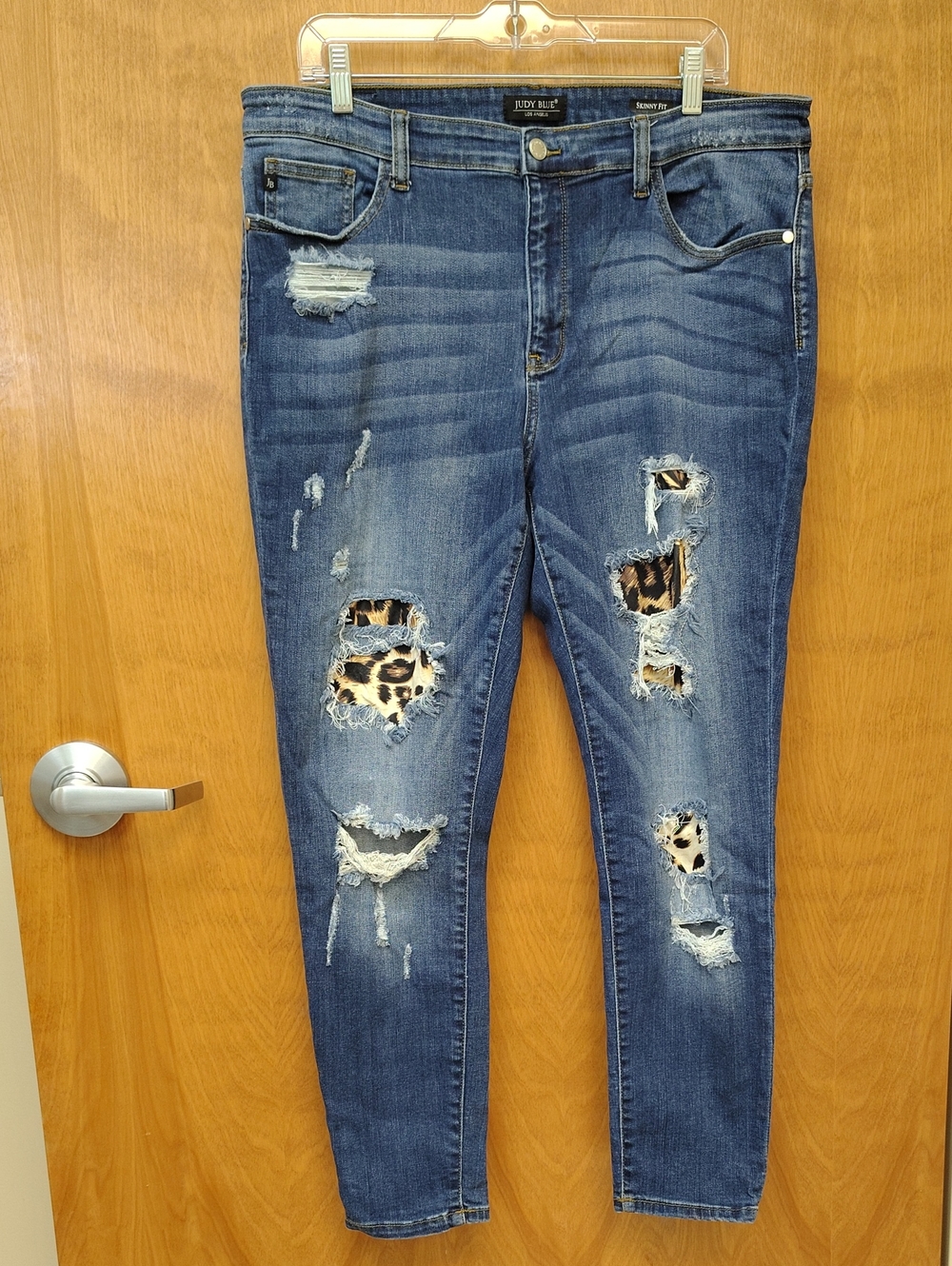 Judy Blue Distressed Dark Blue Jeans with Leopard Patch